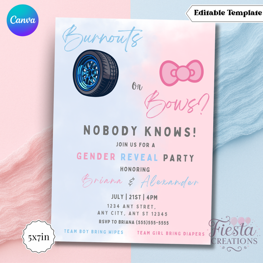 Burnouts or Bows HK Gender Reveal 5x7in Invitation Template