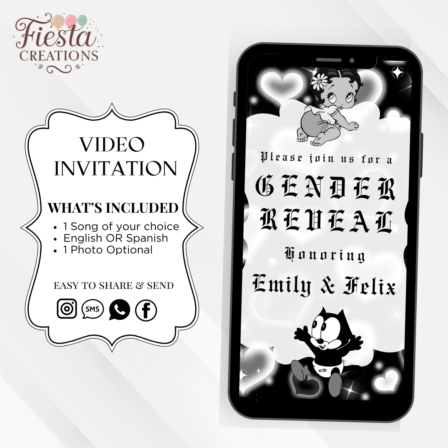 Betty or Felix Black Gender Reveal Video Invitation