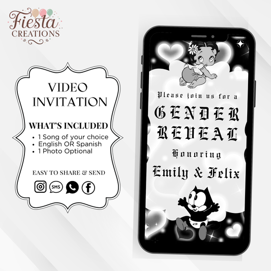 Betty or Felix Black Gender Reveal Video Invitation
