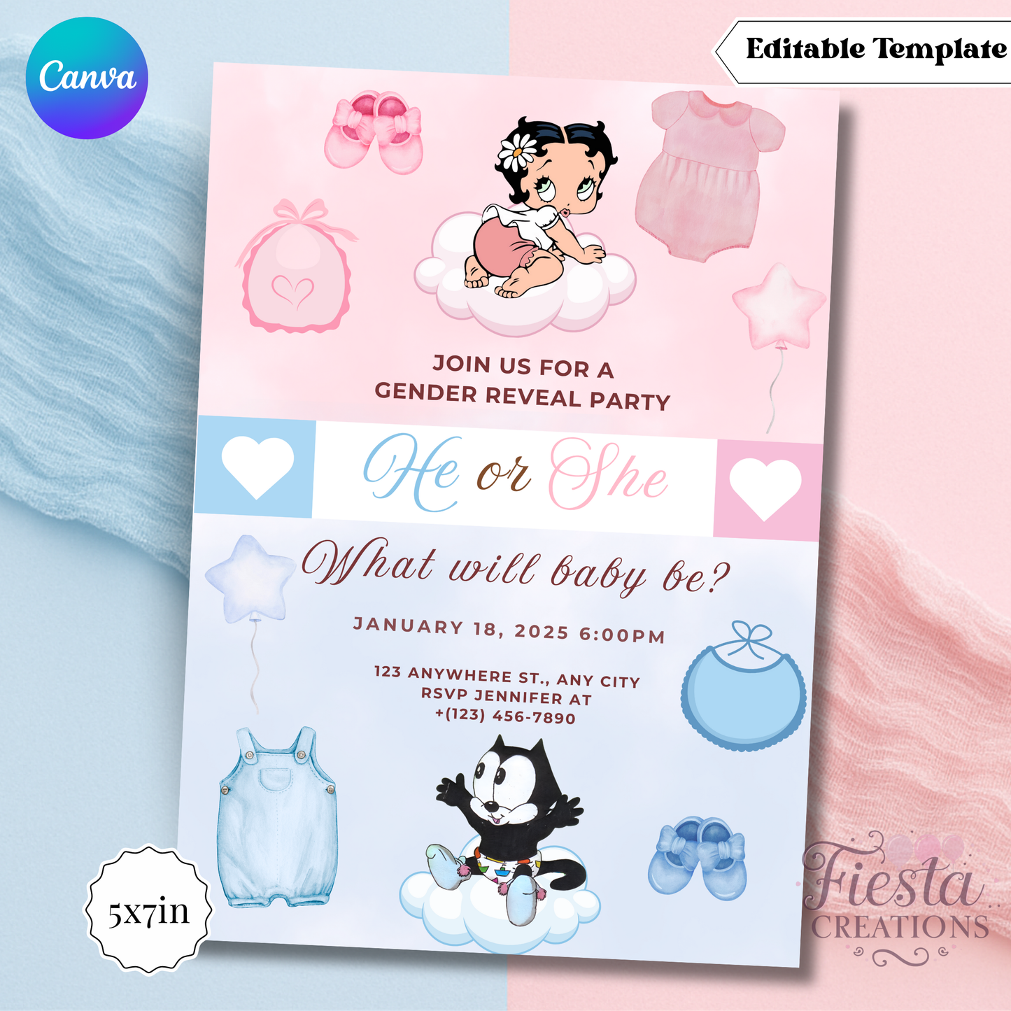 Betty Gender Reveal 5x7in Invitation Template