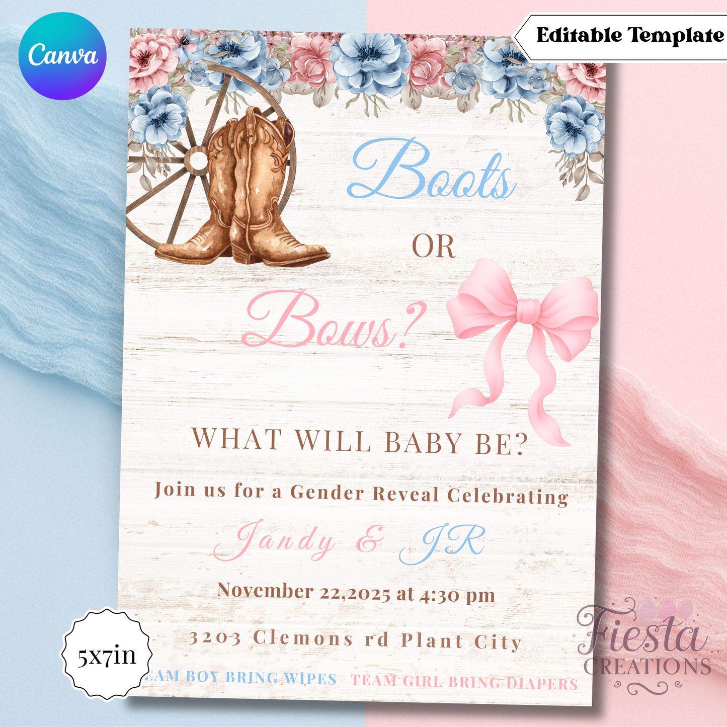 Bows or Boots Gender Reveal 5x7in Invitation Template