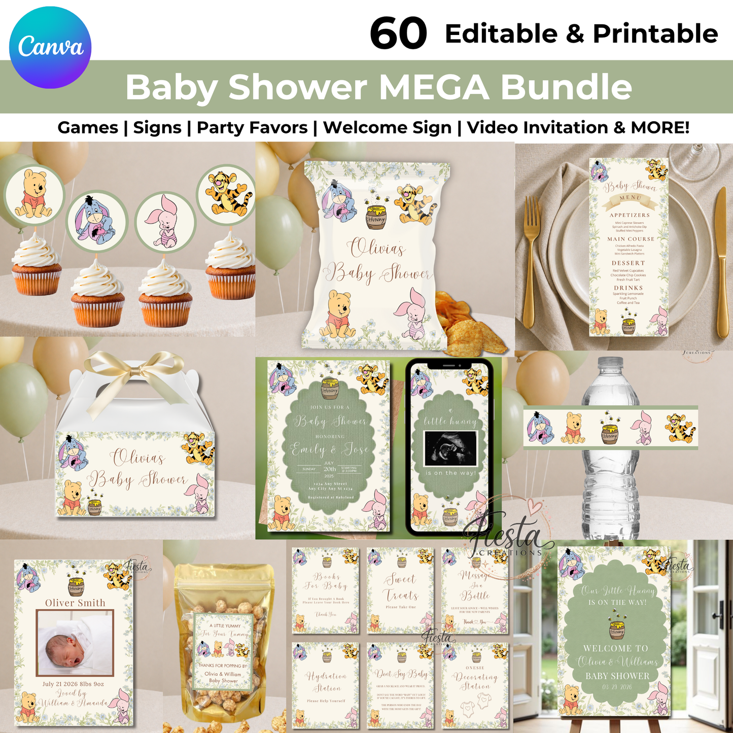 Green Winnie Baby Shower Mega Bundle | Editable Templates