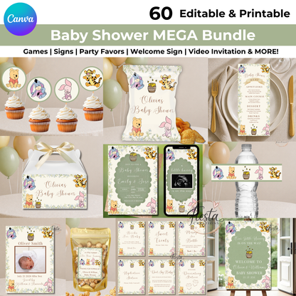 Green Winnie Baby Shower Mega Bundle | Editable Templates