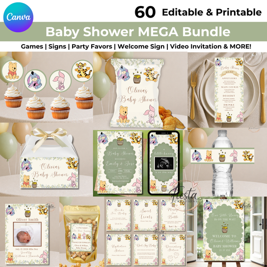Green Winnie Baby Shower Mega Bundle | Editable Templates