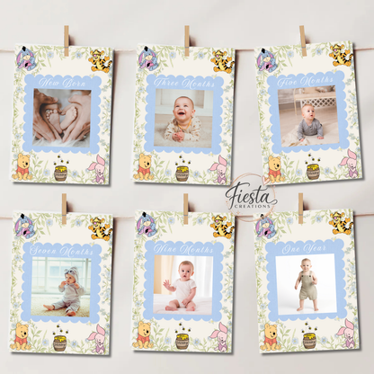 Winnie Blue First Birthday Photo Banner Template & Milestone Cards | Editable Baby’s First Year | Printable Instant Download