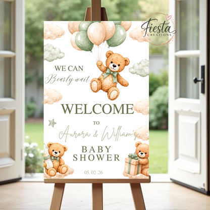 We Can Bearly Wait Teddy Bear Baby Shower Welcome Sign | Sage Green Baby Shower Printable | 20x30 Welcome Sign