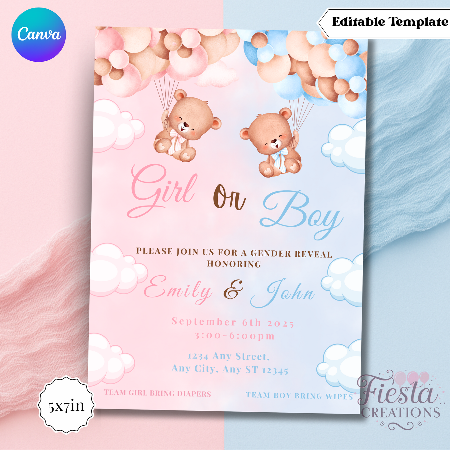 Bear Gender Reveal 5x7in Invitations Template