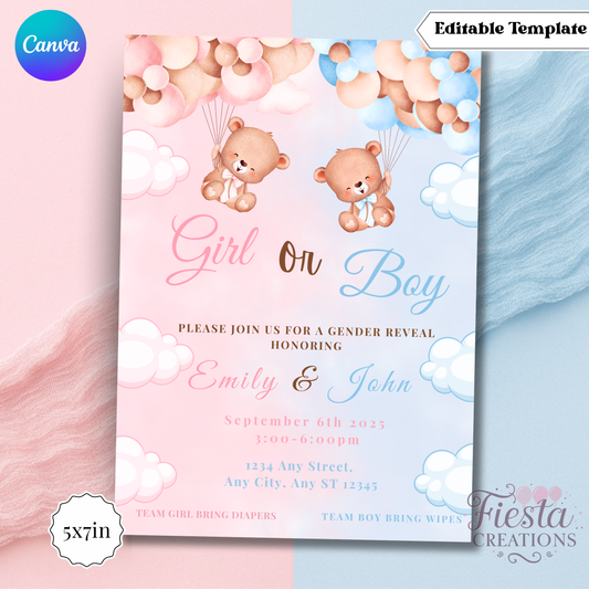 Bear Gender Reveal 5x7in Invitations Template