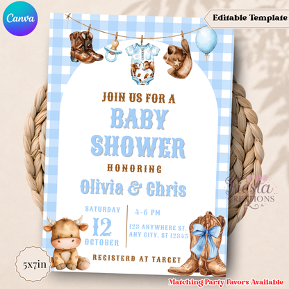 Blue Plaid Cowboy Baby Shower 5x7in Invitation