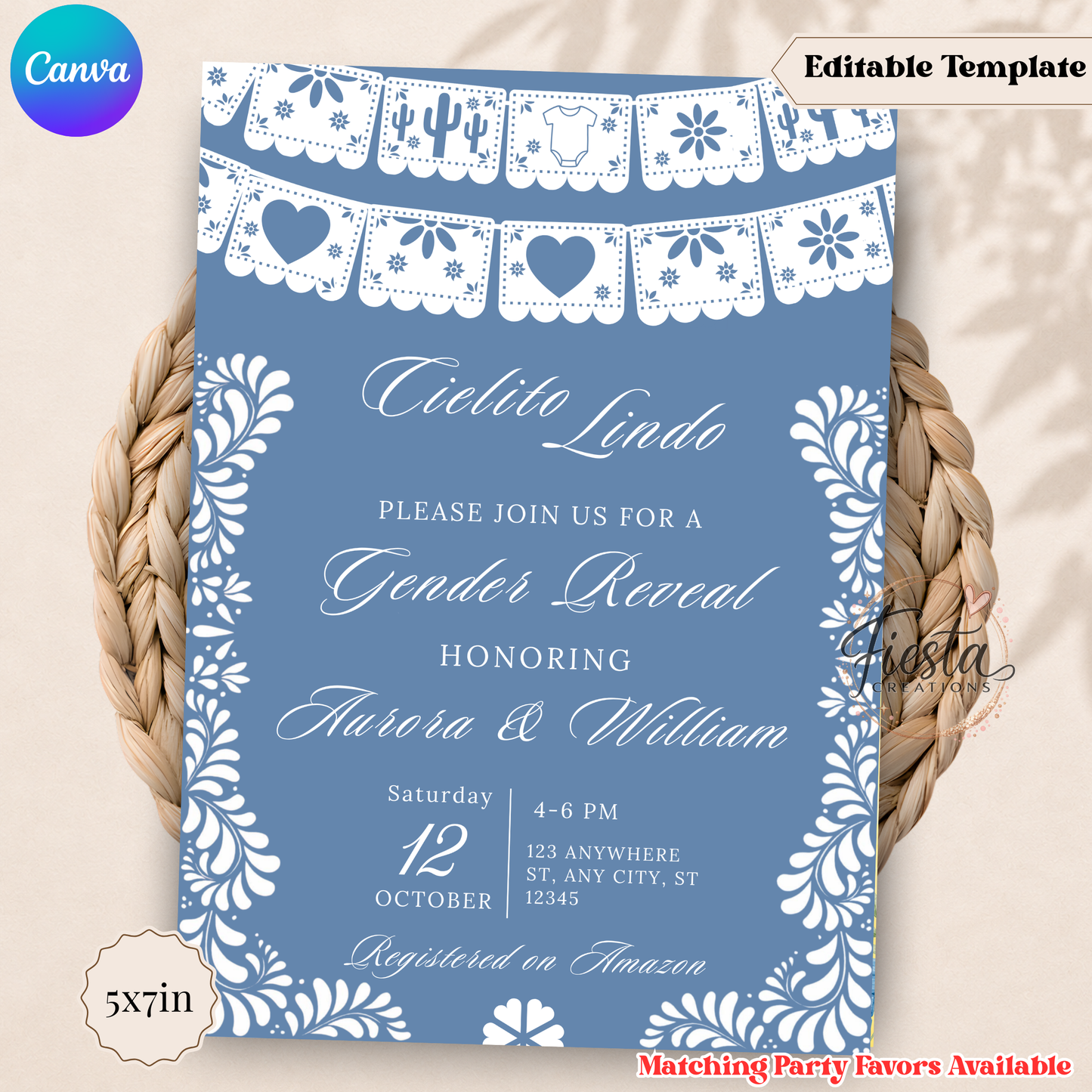 Cielito Lindo Gender Reveal Invitation Template | Editable Mexican Fiesta Baby Shower Invite | Blue Papel Picado Digital Download