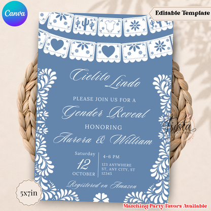 Cielito Lindo Gender Reveal Invitation Template | Editable Mexican Fiesta Baby Shower Invite | Blue Papel Picado Digital Download