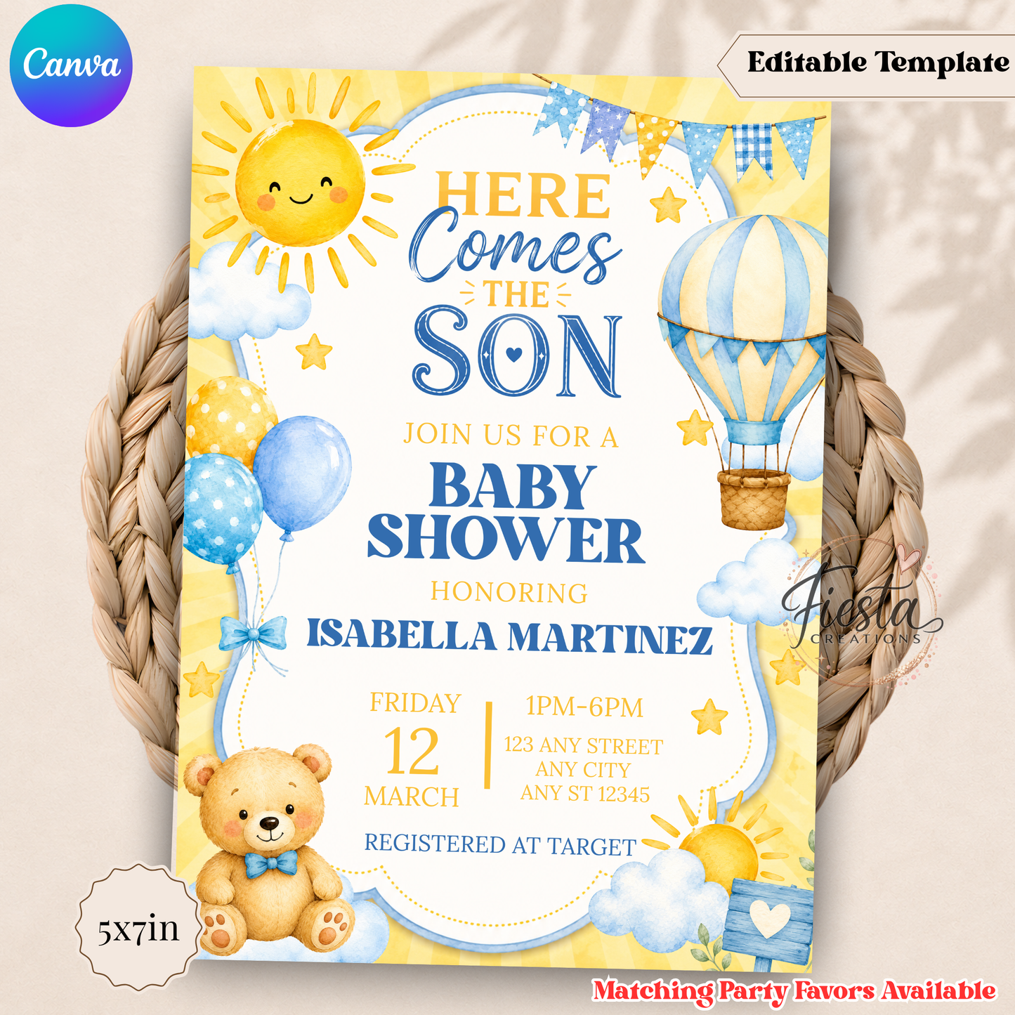 Here Comes the Son Baby Shower Invitation Template | Editable Canva Boy Baby Shower Invite