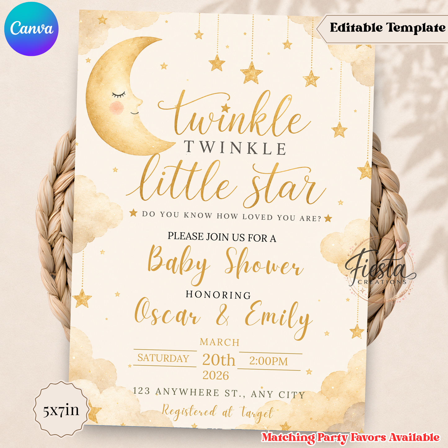 Twinkle Twinkle Little Star Baby Shower Invitation | Moon & Stars Neutral Baby Shower Invite