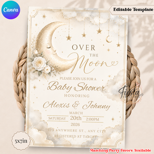Elegant Over the Moon Baby Shower Invitation | Moon & Stars Baby Shower Invite