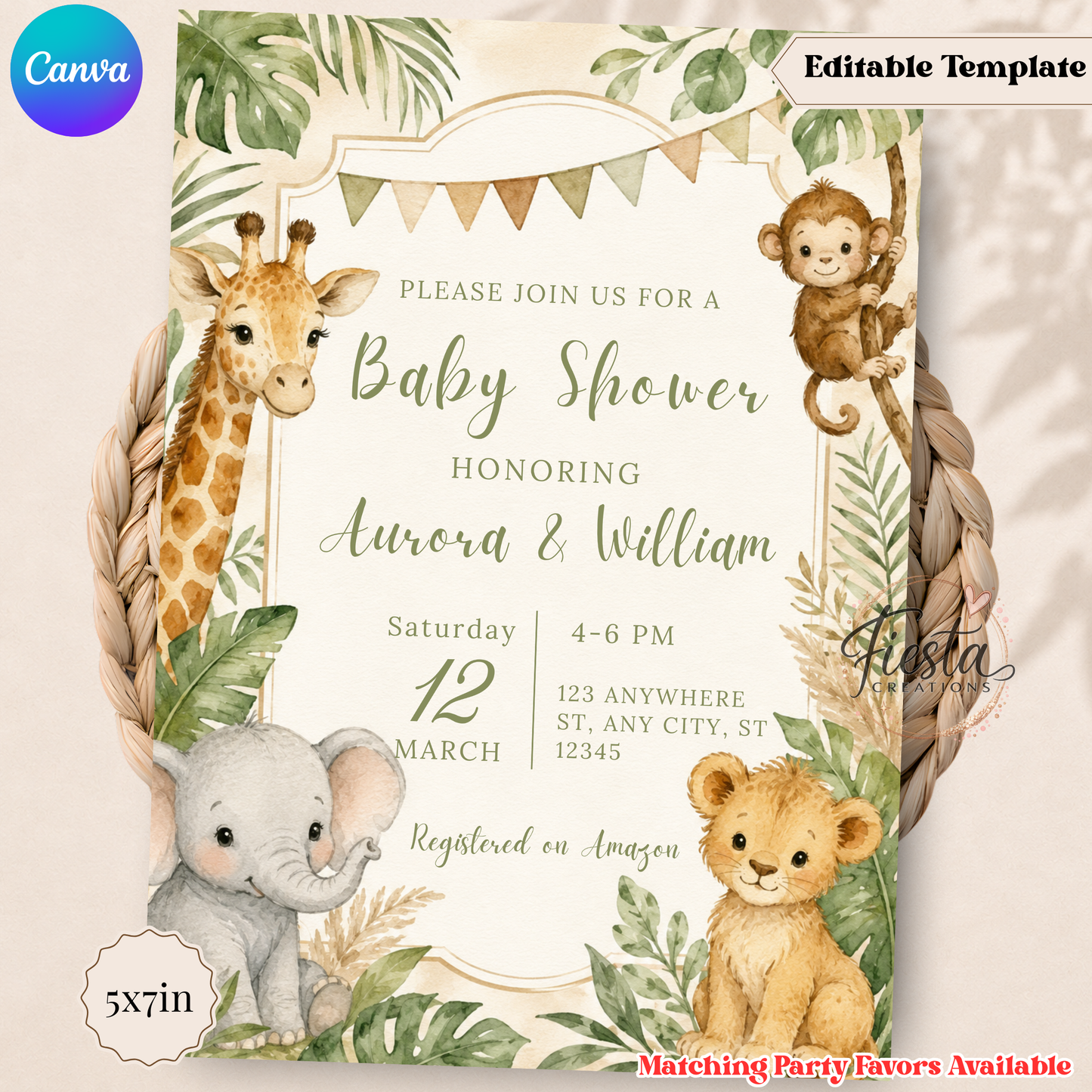 Safari Baby Shower Invitation | Jungle Animals Baby Shower Invite Template