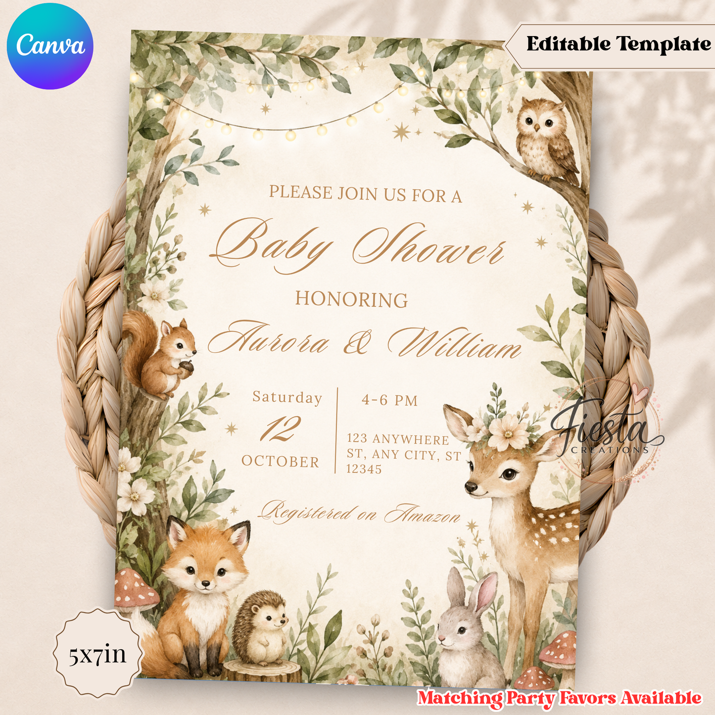 Enchanted Woodland Baby Shower Invitation | Woodland Animals Forest Theme Baby Shower Invite 5x7in