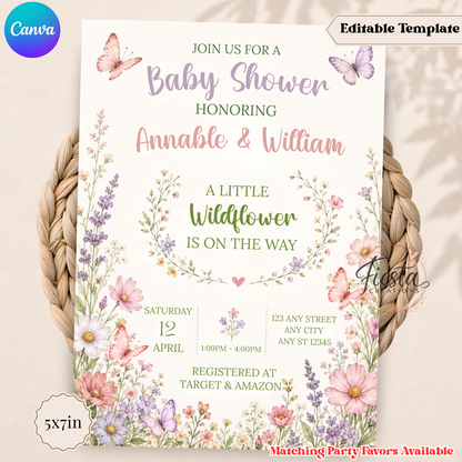 A Little Wildflower Is On The Way Baby Shower Invitation | Wildflower Baby Shower Invite | Butterfly Floral Baby Shower Template