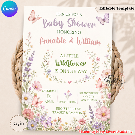 A Little Wildflower Is On The Way Baby Shower Invitation | Wildflower Baby Shower Invite | Butterfly Floral Baby Shower Template