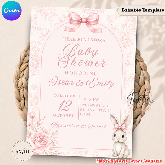 Pink Bunny Baby Shower 5x7in Invitation