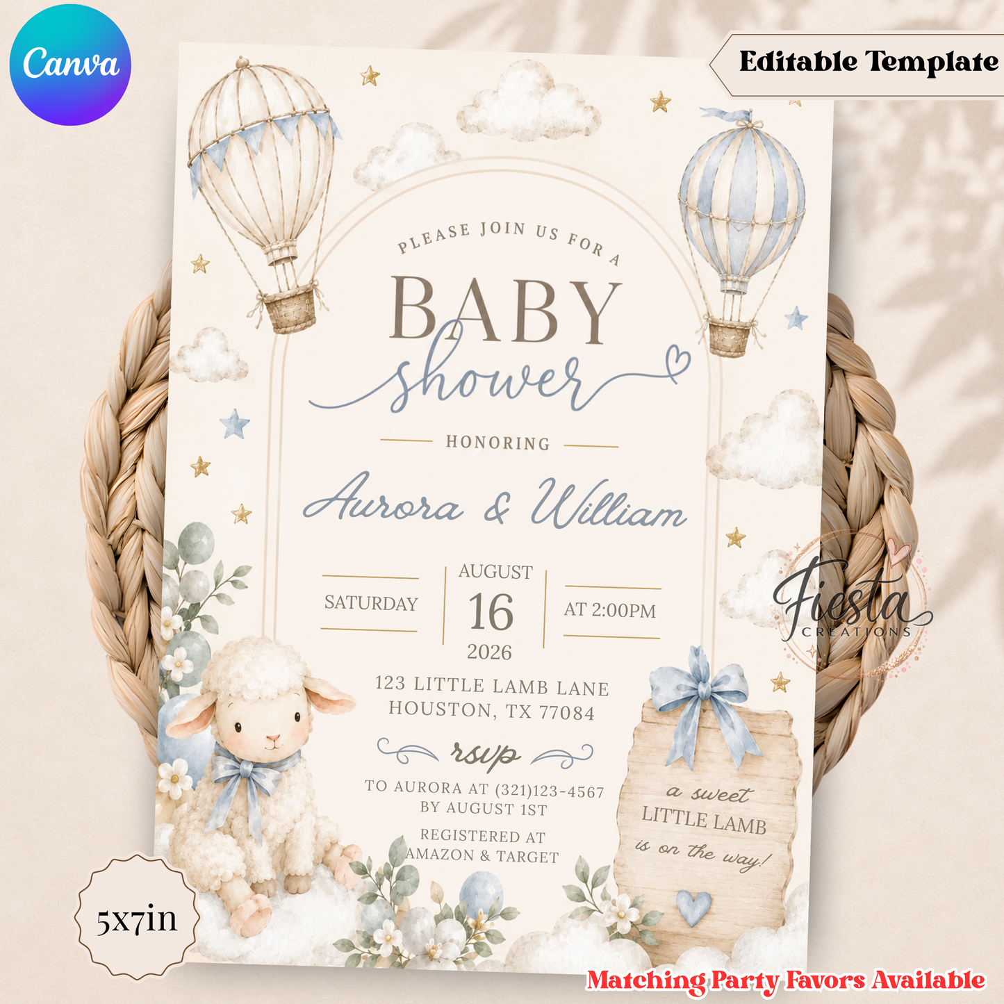 Little Lamb Baby Shower Invitation Template, Hot Air Balloon Baby Shower Invite, Blue Lamb Baby Shower, Editable Canva Invitation, Printable 5x7 Invite