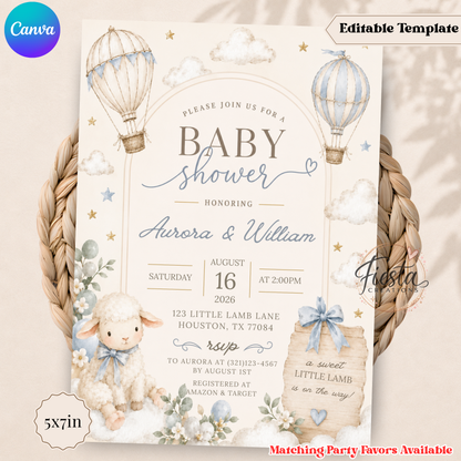 Little Lamb Baby Shower Invitation Template, Hot Air Balloon Baby Shower Invite, Blue Lamb Baby Shower, Editable Canva Invitation, Printable 5x7 Invite
