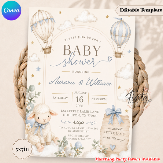 Little Lamb Baby Shower Invitation Template, Hot Air Balloon Baby Shower Invite, Blue Lamb Baby Shower, Editable Canva Invitation, Printable 5x7 Invite