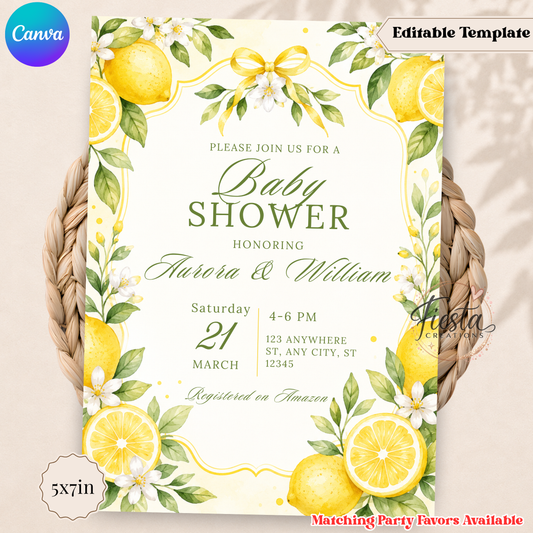 Little Lemon Baby Shower Invitation | Lemon Blossom Citrus Theme Baby Shower Invite 5x7in