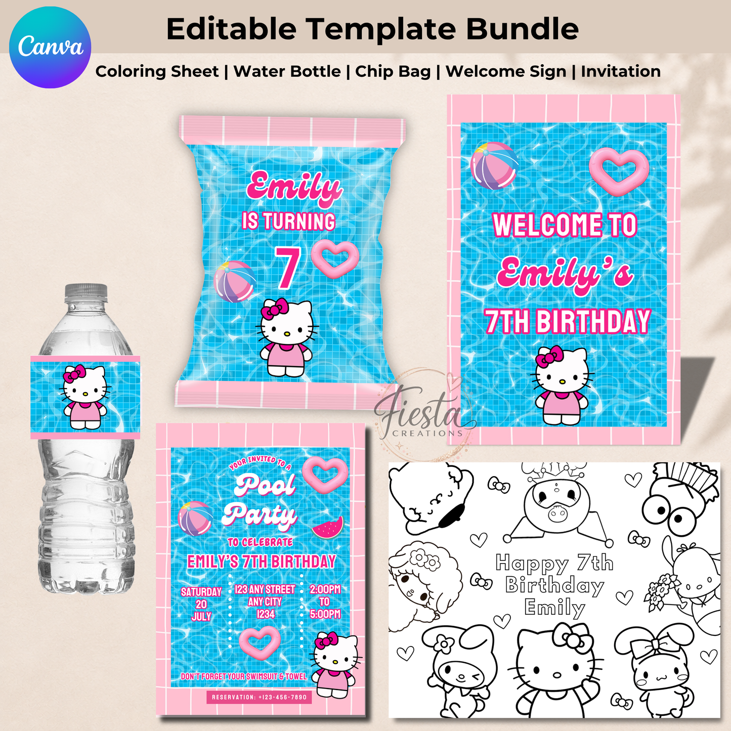 HK Pool Party Birthday Fiesta Bundle Templates