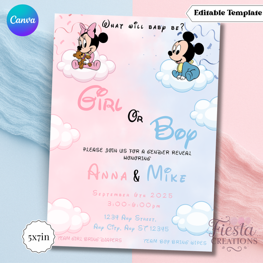 Mouse Gender Reveal 5x7in Invitation Template