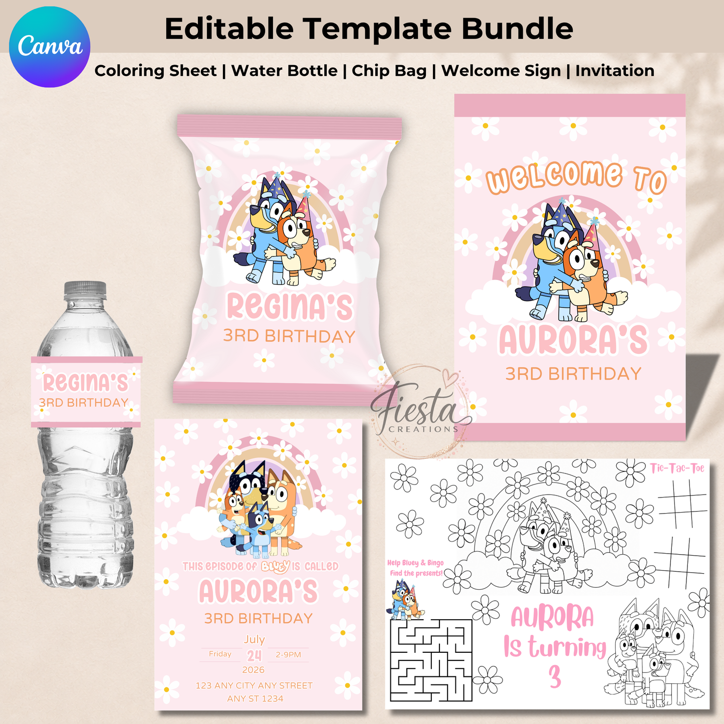 Pink Bluey Fiesta Bundle Templates