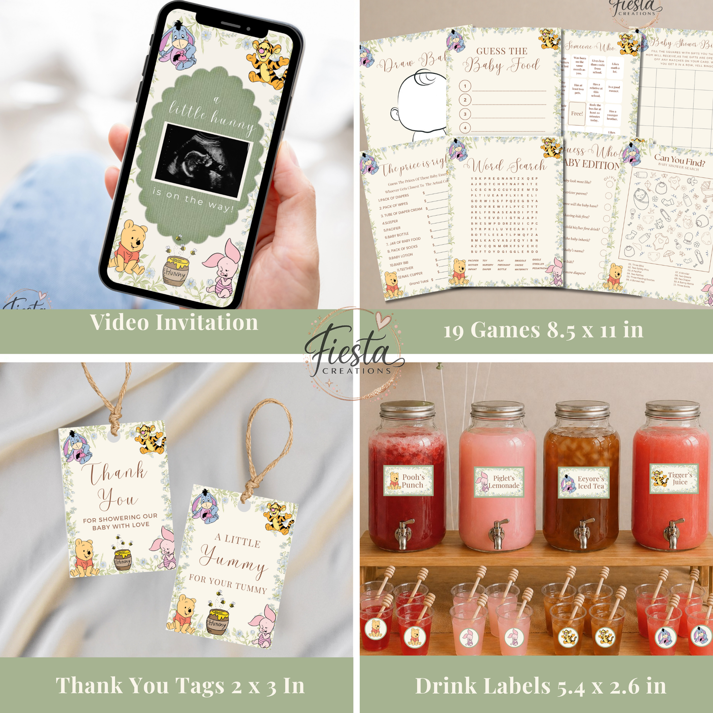Green Winnie Baby Shower Mega Bundle | Editable Templates