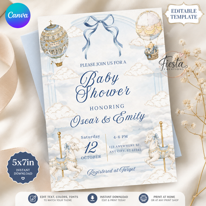 Vintage Blue Carousel Hot Air Balloon Baby Shower 5x7in Invitation Template