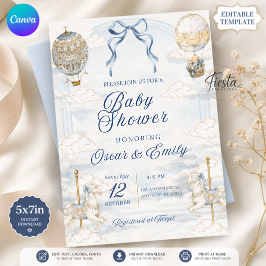 Vintage Blue Carousel Hot Air Balloon Baby Shower 5x7in Invitation Template