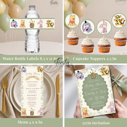 Green Winnie Baby Shower Mega Bundle | Editable Templates