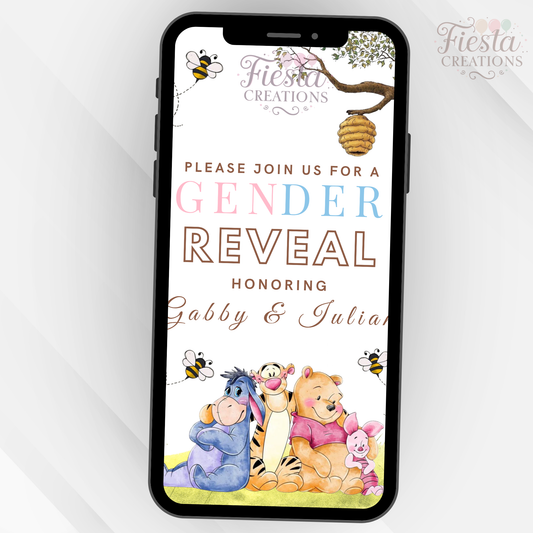 Winnie Water Color Gender Reveal Video Invitation