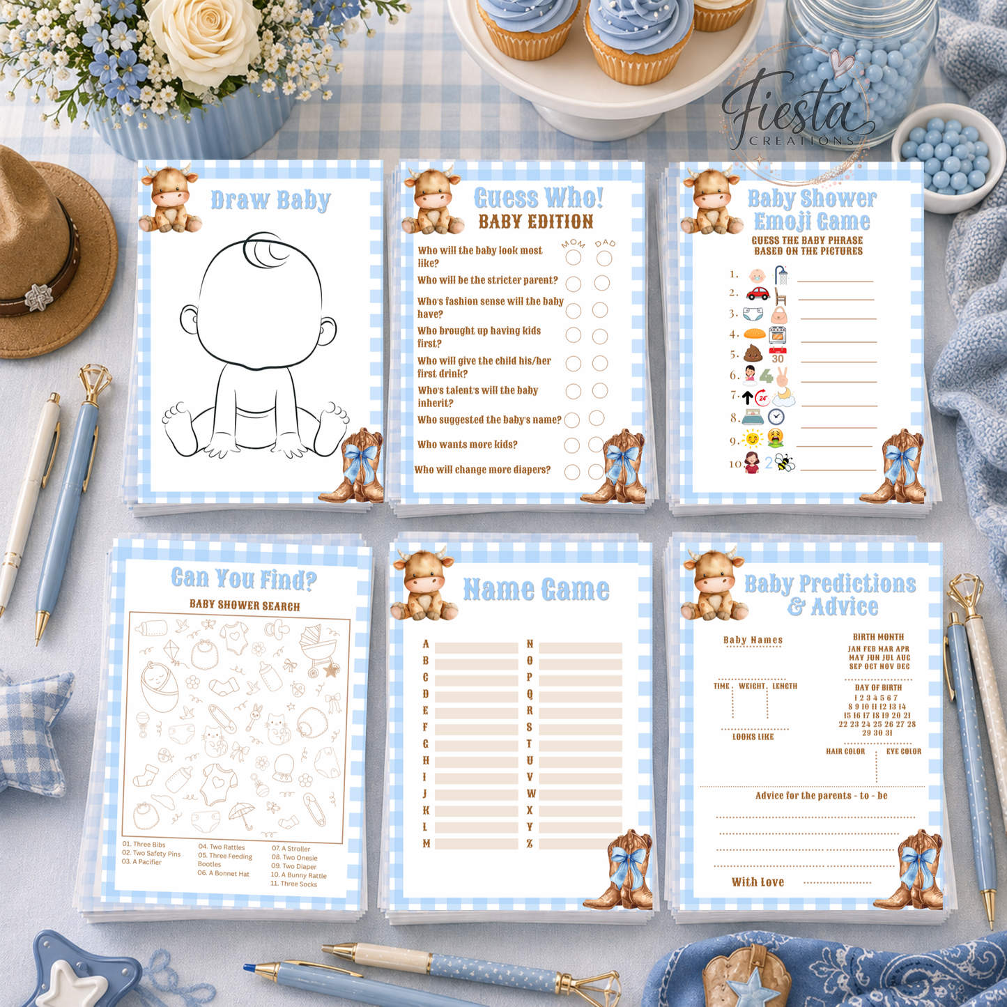 Blue Plaid Cowboy Baby Shower Games Bundle | 17 Games | 10 Signs + Bonus Thank You Tags Printable Files