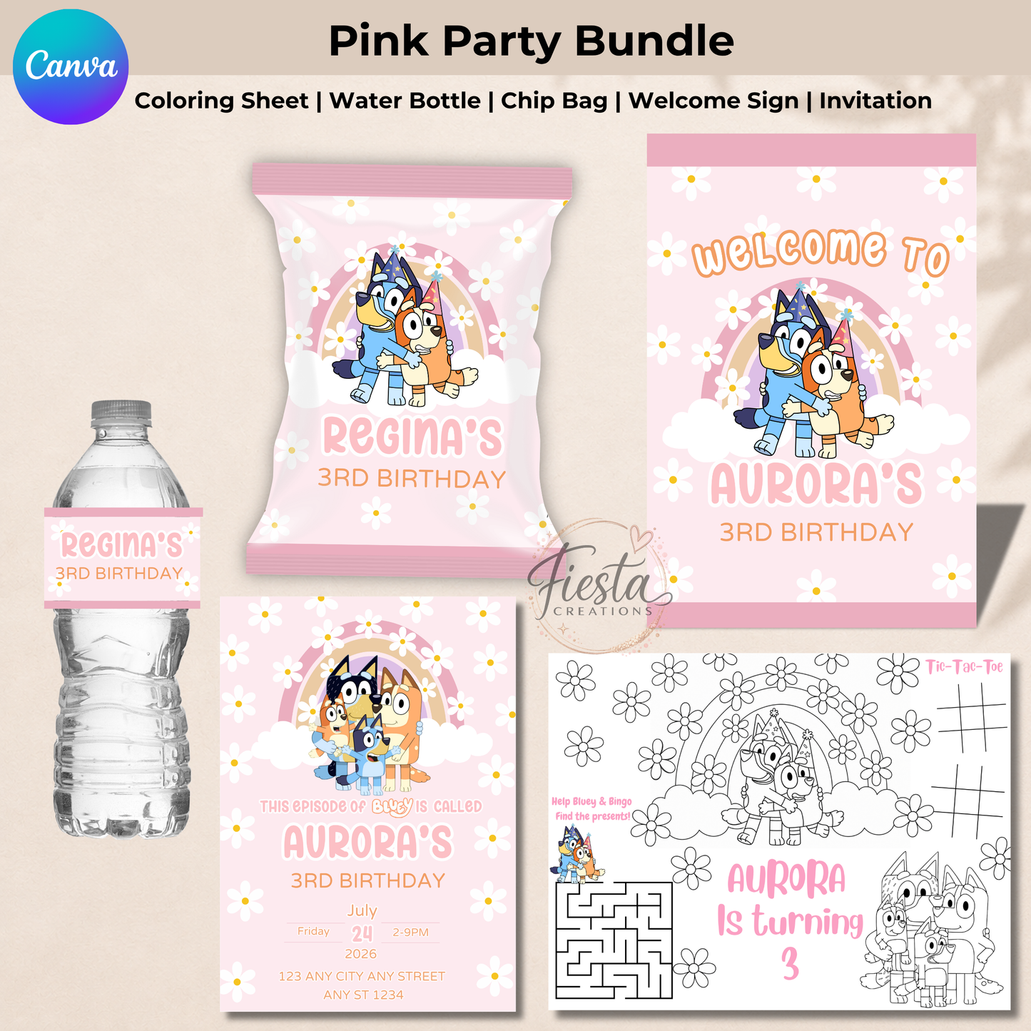 Pink Bluey Fiesta Bundle Templates