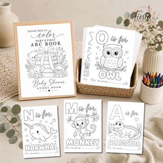 Animal Baby’s First ABC Book Coloring Game Printable | Baby Shower Keepsake Activity | A–Z Alphabet Coloring Pages & Table Sign