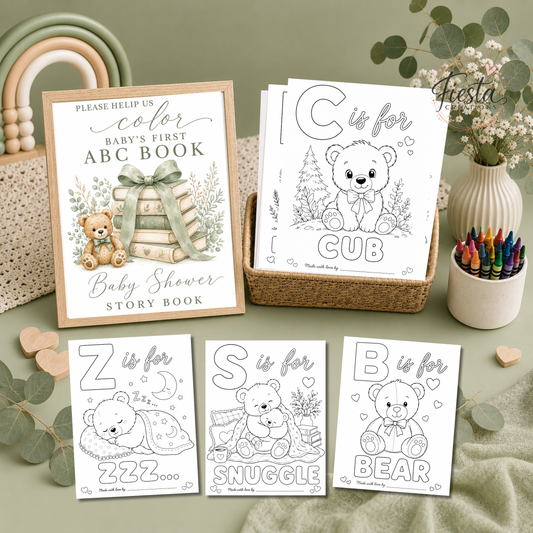 Bear Baby’s First ABC Book Coloring Game Printable | Baby Shower Keepsake Activity | A–Z Alphabet Coloring Pages & Table Sign