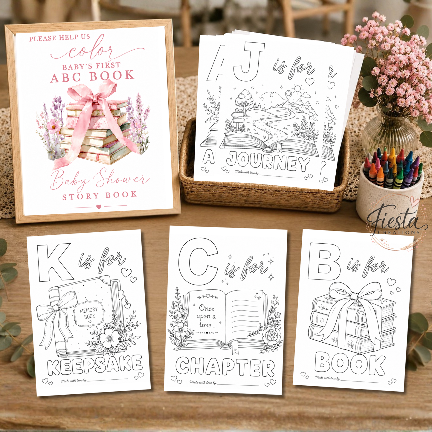 Baby’s First ABC Book Coloring Game Printable | Baby Shower Keepsake Activity | A–Z Alphabet Coloring Pages & Table Sign