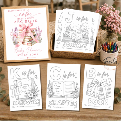 Baby’s First ABC Book Coloring Game Printable | Baby Shower Keepsake Activity | A–Z Alphabet Coloring Pages & Table Sign