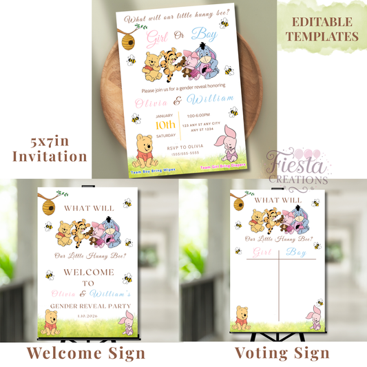 Editable Baby Shower Invitation & Decor Bundle | Winnie Gender Reveal