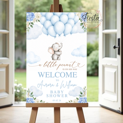 A Little Peanut Is On His Way Baby Shower Welcome Sign | Blue Elephant Printable Welcome Poster | 20x30