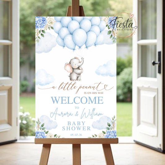 A Little Peanut Is On His Way Baby Shower Welcome Sign | Blue Elephant Printable Welcome Poster | 20x30