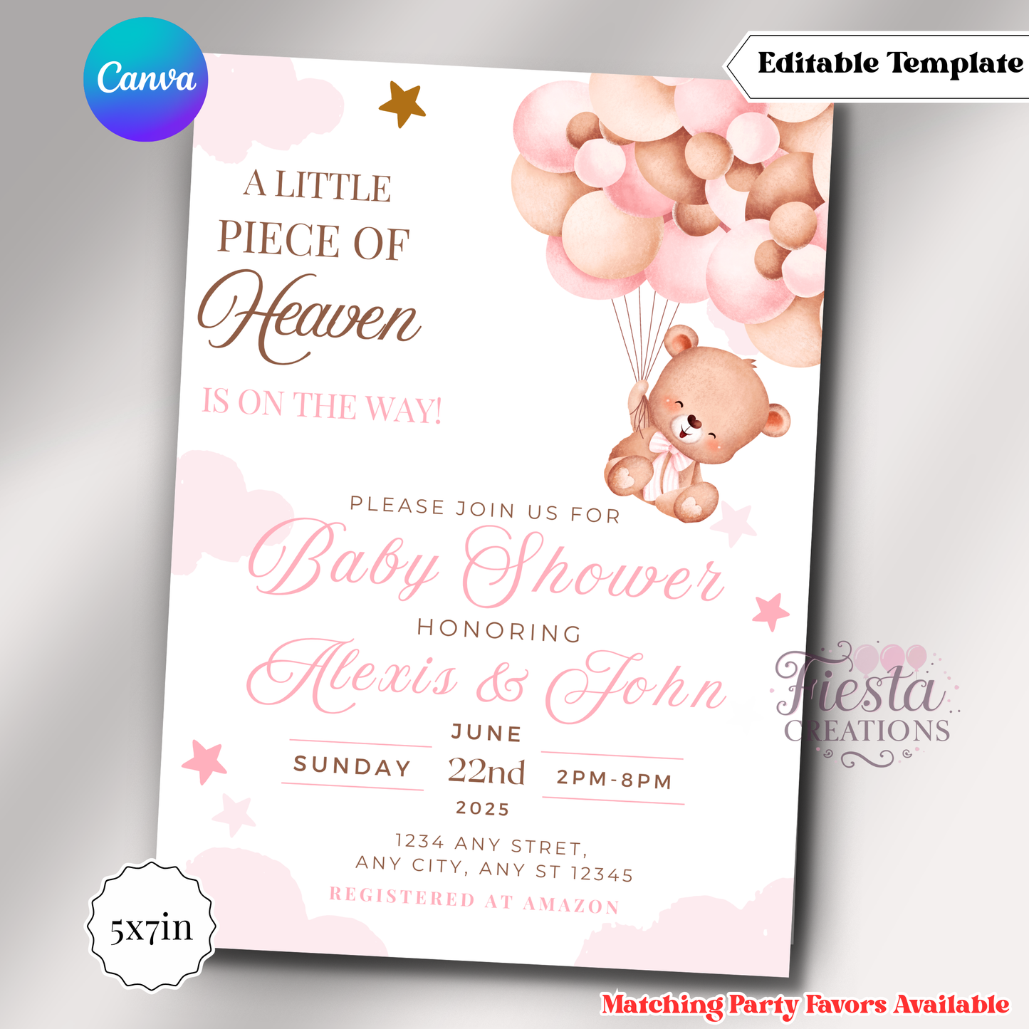 Pink Bear A little Piece Of Heaven Invitation | 5x7 Editable Template | Instant Download