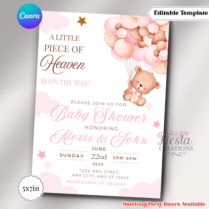 Pink Bear A little Piece Of Heaven Invitation | 5x7 Editable Template | Instant Download