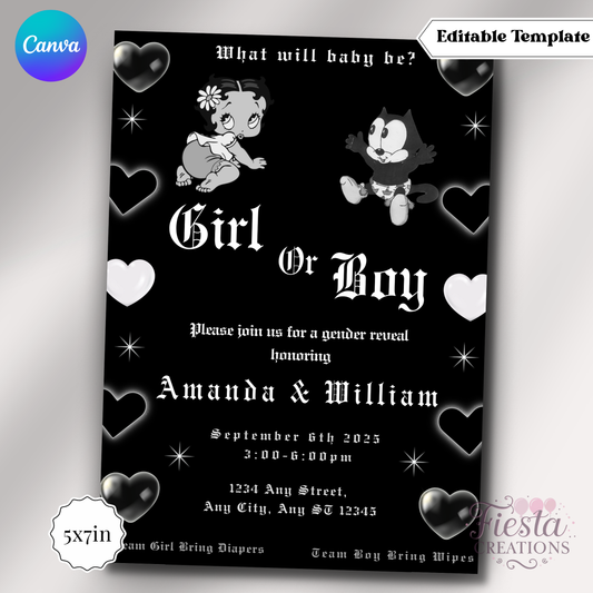 Black Betty or Felix Gender Reveal 5x7in Invitation Template