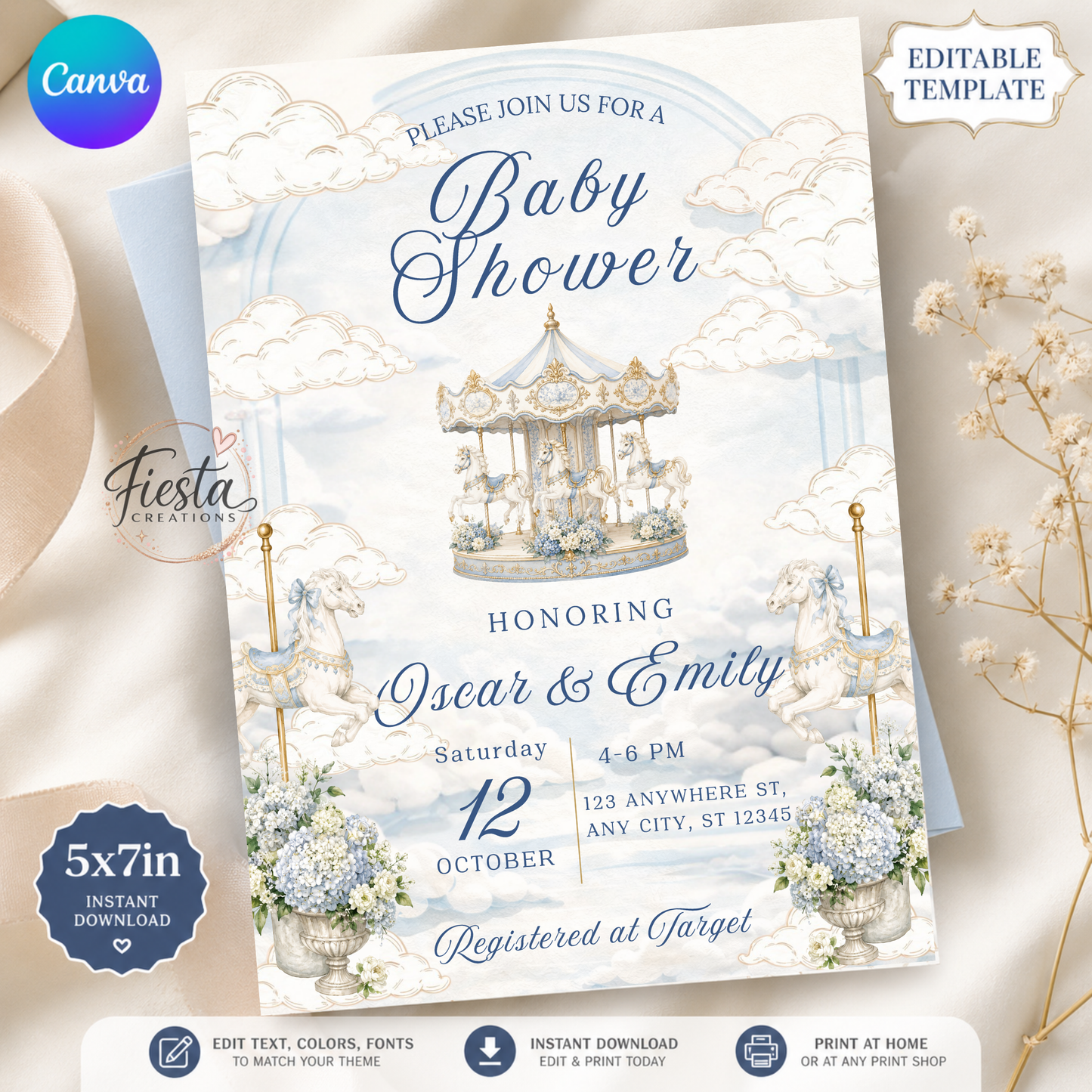 Blue Carousel Baby Shower   5x7in Invitation Template
