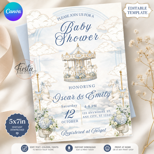 Blue Carousel Baby Shower   5x7in Invitation Template