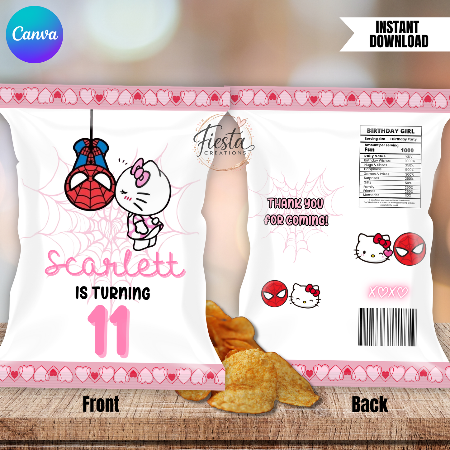 HK & Spider Birthday Chip Bag | Editable Chip Bag Template | DIY Party Favor Wrapper